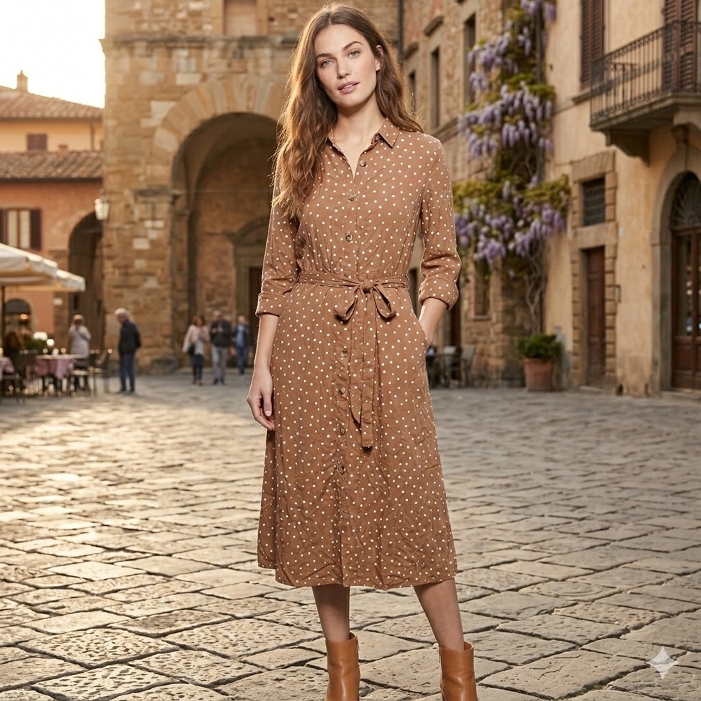 Brown Polka Dot  Shirt Dress Midi Belted‎ Long Sleeve Boho Neutral Medium button